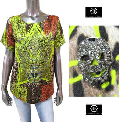 フィリッププレイン PHILIPP PLEIN レディース トップス Tシャツ 半袖 ロゴ マルチカラーレオパード柄・フロント豹プリント付T ひょう柄 (R109000)"live windy" CW340404 17NJ neon jungle 14S【送料無料】【smtb-TK】|ガッツ ブランドショップ