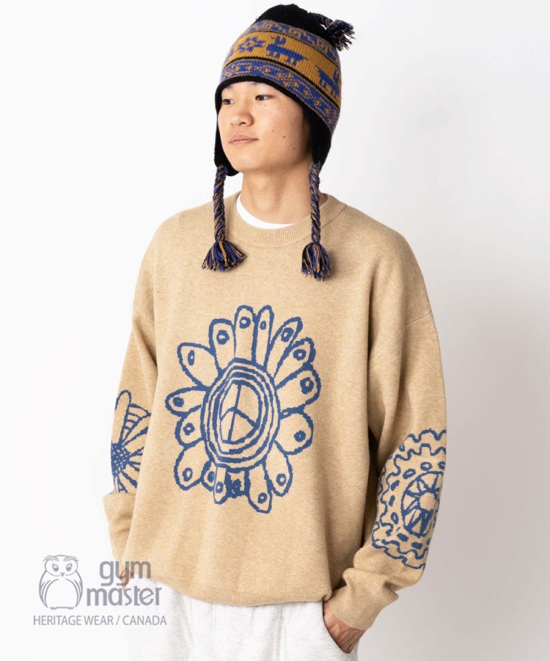 gym master 公式 ジャガードニットPEACE FLOWERクルーネック|やみつきもっちりセーター メンズ レディース 長袖 カットソー トップス かっこいい かわいい おしゃれ 面白い 秋冬 秋服 冬服 ブランド やわらか 肉厚 防寒 ゆったり 暖か 花柄 フラワー|ジムマスター G621796