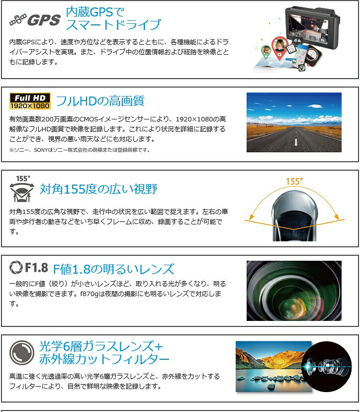 楽天市場 Hp F870g Rc3 ドライブレコーダー リアカメラのセット フルhd Gps 対角155 Wdr 駐車監視機能 後方録画 0万画素 業販ネットショップ楽天市場店