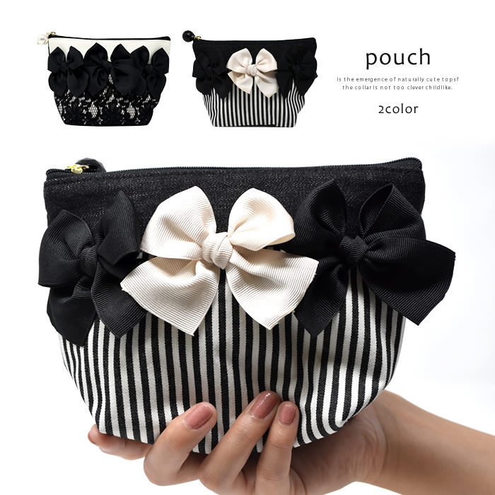 楽天市場 ポーチ リボン 選べるデニム Or レース 化粧ポーチ 台形型 コスメポーチ メイクポーチ レディース ゆうメール便配送 代引不可 Chatonblanc シャトンブラン