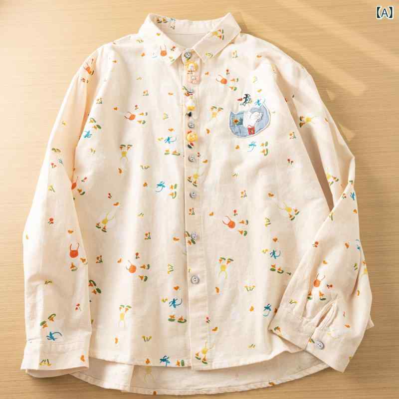 シャツ 女性用 デニム 切り替え 刺繍 起毛 ゆったり 長袖 トップス かわいい カジュアル 普段使い 暖か リラックス スタイル 秋冬