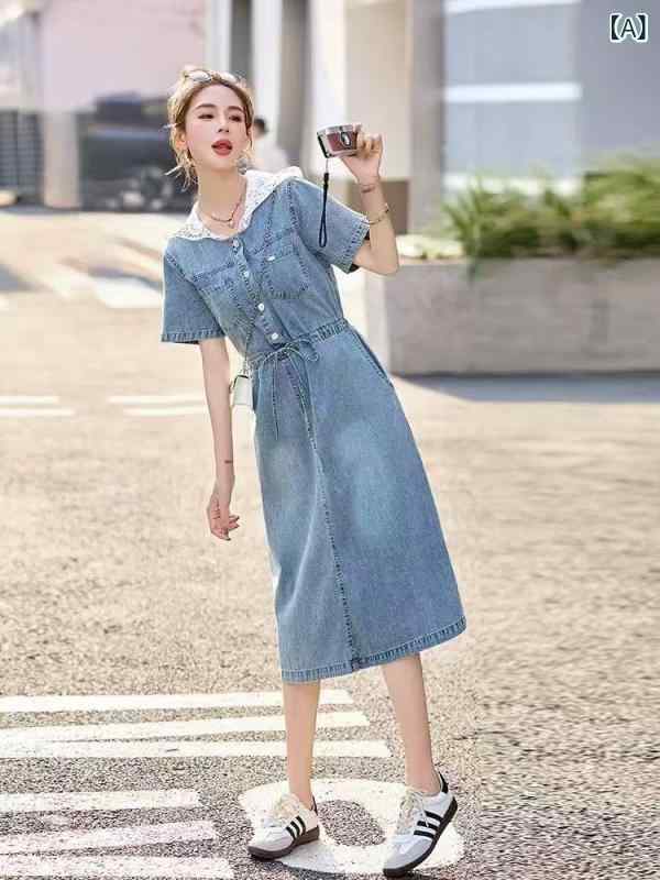 ワンピース レディース 夏 薄手 デニム レース フード付き 韓国 小柄対応 かわいい 軽量 吸湿速乾 ストレッチ 膝丈 ブルー系