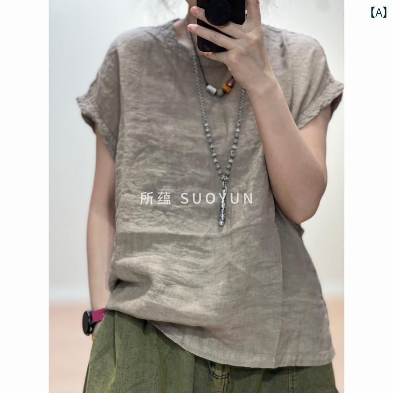 シンプル レディース Tシャツ 無地 Suoyunの 夏の 無地 リネン ラウンドネックな カジュアル シンプル 万能 半袖 フライ カラー Tシャツ トップス
