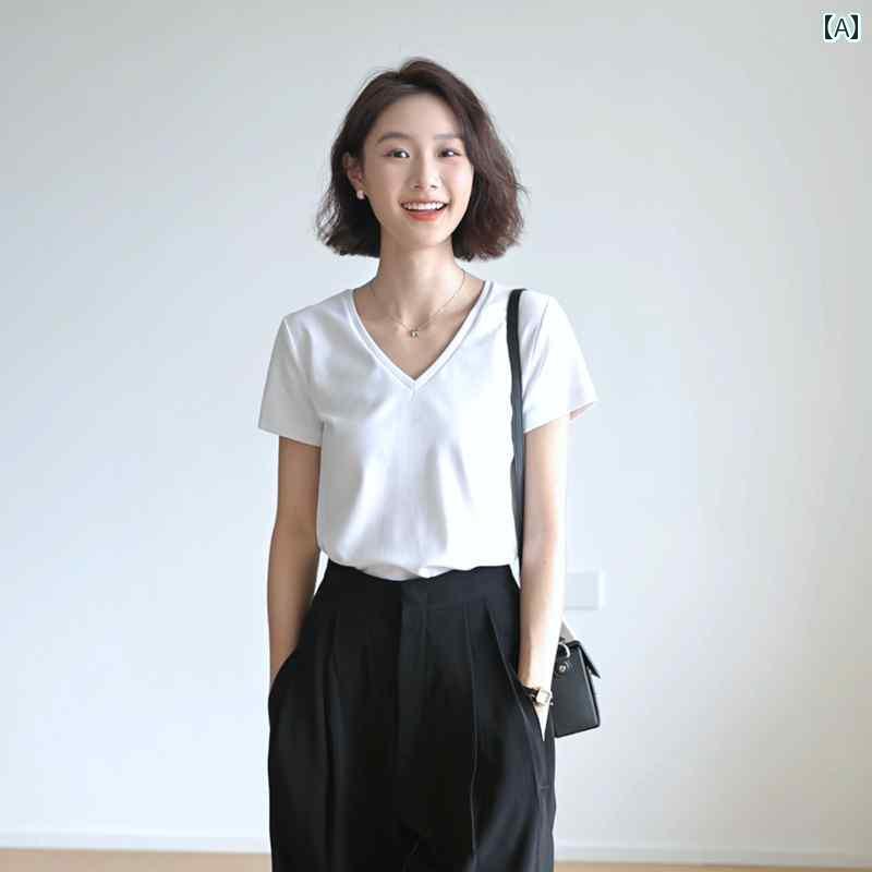 シンプル レディース Tシャツ 無地 バック センター ライン 綿 ストレート ショルダー Vネック 半袖 Tシャツ レディース スリム トップ
