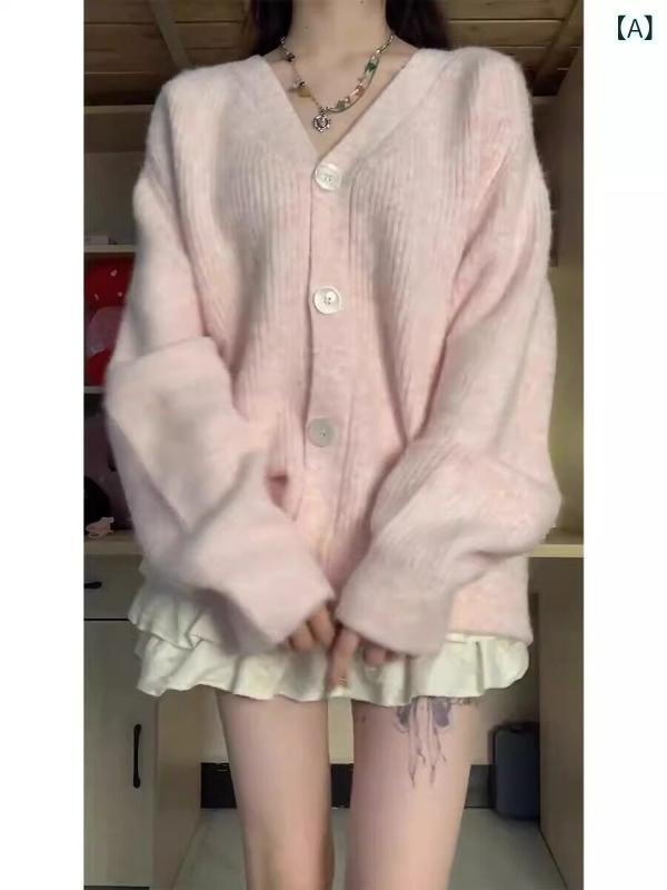 ピンク ニットカーディガン 女性用 ピンクの Vネック ソフト カーディガン セーター 春秋 スタイル ゆったり 優しい ニット アウターウェア。