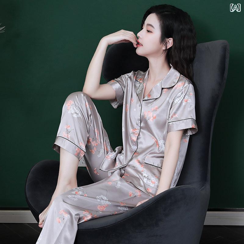 薄手 涼しい レディース パジャマ ファッション の パジャマ レディース 夏の シルク 半袖 ズボン ホーム 服 薄手 冷感 甘くて かわいいは 外出 着と して 着用 できます
