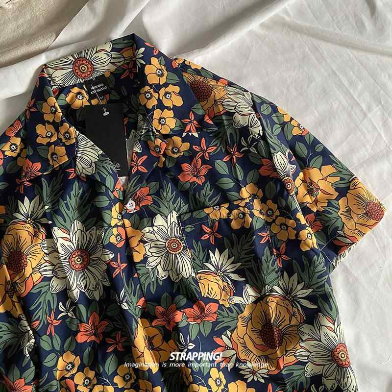 アロハシャツ 半袖 STRAPPING 線 画 植物 花柄 キューバ カラー 半袖 シャツ 男女兼用 ハワイアン タイ 風 和風 レトロ