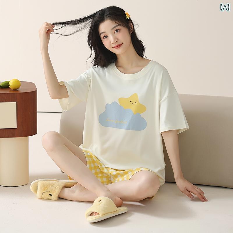 ルームウェア ママ レディース パジャマ キャットマン パジャマ レディース コットン 夏用 半袖 ショート パンツ 100 % 外出 着と しても 着用 可能 大きめ サイズ 部屋 着 セット