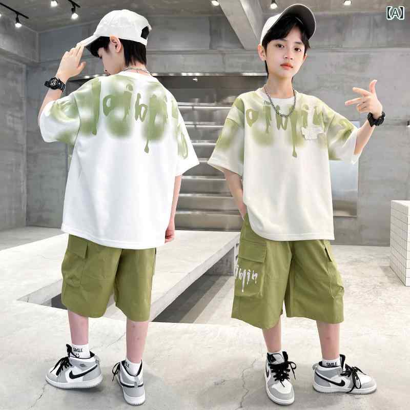 アウトドア スタイル キッズ ボーイズ サマー スーツ 2024 半袖中 大型 子供 男の子 スタイリッシュ 薄型 スタイル ストリート クール
