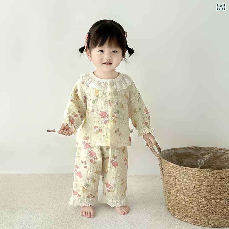 ベビー服 パジャマ ルームウェア 女児 パジャマ 春夏 薄手 コットンガーゼ 空調 服 ベビー 子供 親子 スプリット スーツ ホームウェア