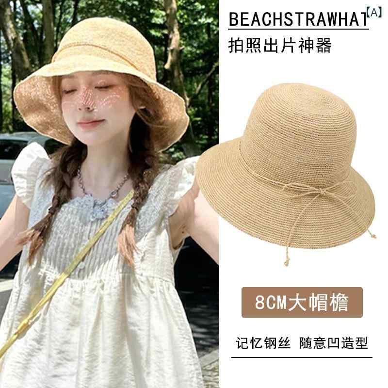 麦わら帽子 日焼け防止 レディース 夏の ビーチ サンハット 日焼け防止 帽子 女性用 手編み 極細 ラフィア 麦わら 写真を 撮って フィルムを ノックアウト
