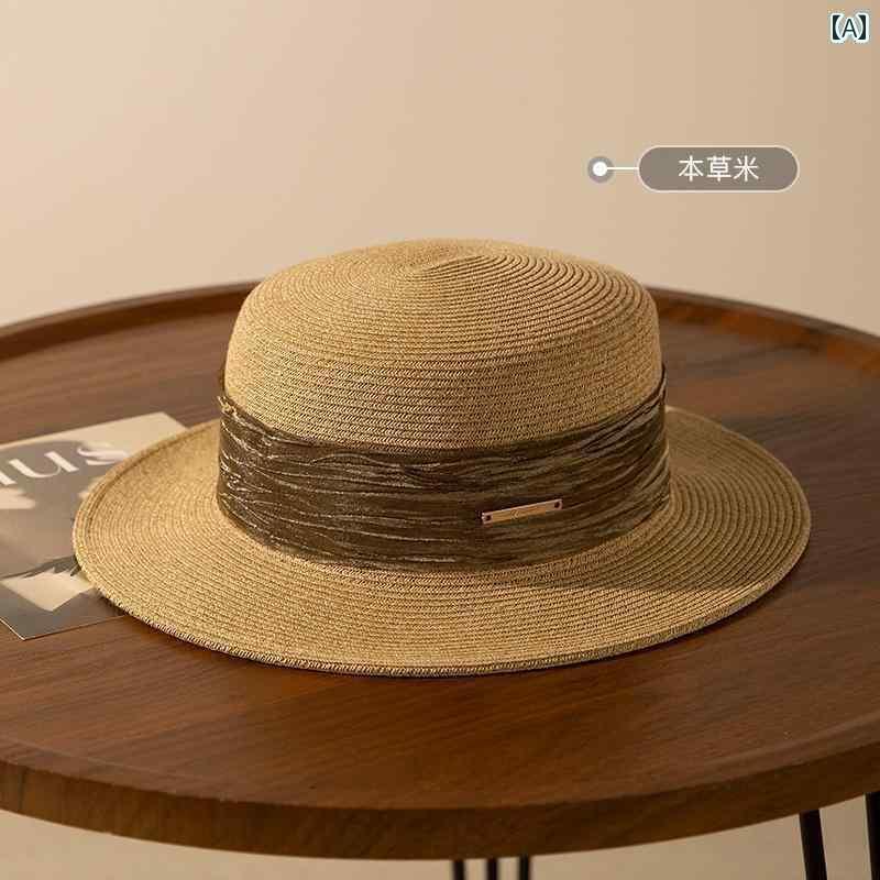 麦わら帽子 日焼け防止 レディース シギーの フラット トップ 麦わら 帽子 女性用 夏用 つば 広 海辺の サンハット 旅行用の 英国 風 レトロ