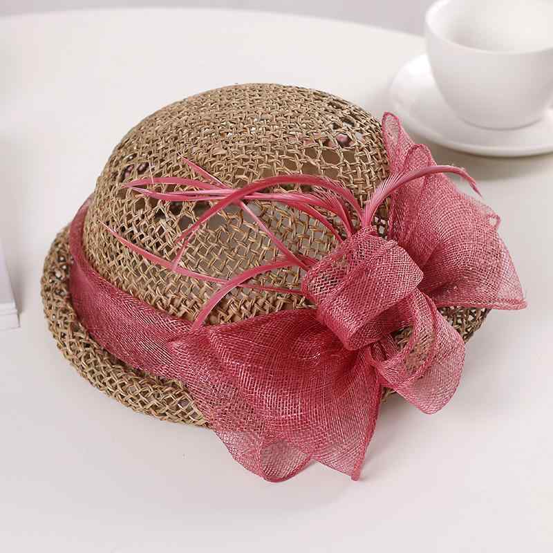 麦わら帽子 日焼け防止 レディース エレガントな リネンの リボンフラワー 麦わら 帽子 の 塩 草 編みの ベレー 帽 レディースの 夏用 装飾 小さめ