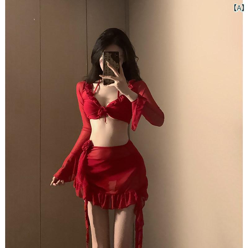 レディース ガーリー 水着 ビキニ 赤い ビキニ 4 ピース スプリット 水着 女性用 ハイエンド な スタイル セクシー 小さい 胸 スリム 夏