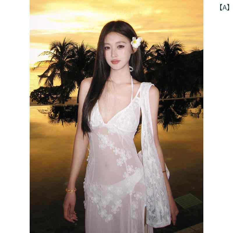 水着 ビキニ レディース セクシー な 高級 ホワイト 立体 花柄 スプリット ビキニ 島 バケーション セクシー スリム 美しい ロング スカート 水着