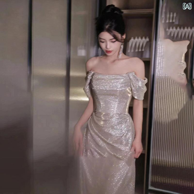 ドレス パーティードレス レディース 女性用 ワンショルダー イブニングドレス 2025年 婚約 披露宴 年次 総会 司会者用 高級 花嫁用 トースト ドレス