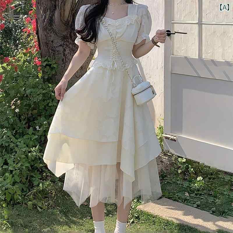 ドレス パーティードレス レディース フレンチスクエア ネック パフスリーブドレス 女性 夏 タイ 三 亜 フェアリー チュール スカート プリンセス パフ 大人用 スモール ドレス