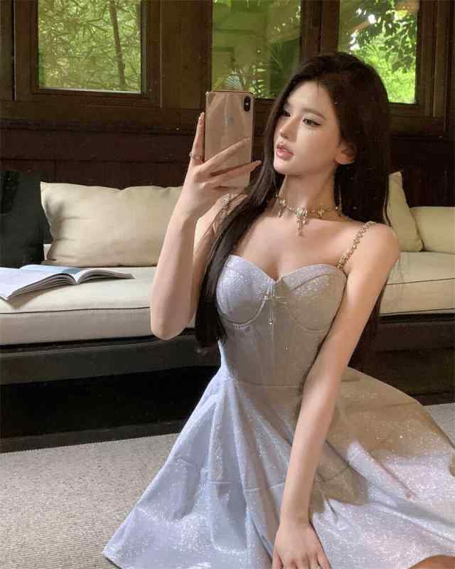 きれいめ ドレス パーティードレス フランス 社交 界の 魅惑的 サスペンダー ドレス 女性用 夏用 高級 ラインストーン ウエスト 誕生日用 ミニ ふっくら スカート
