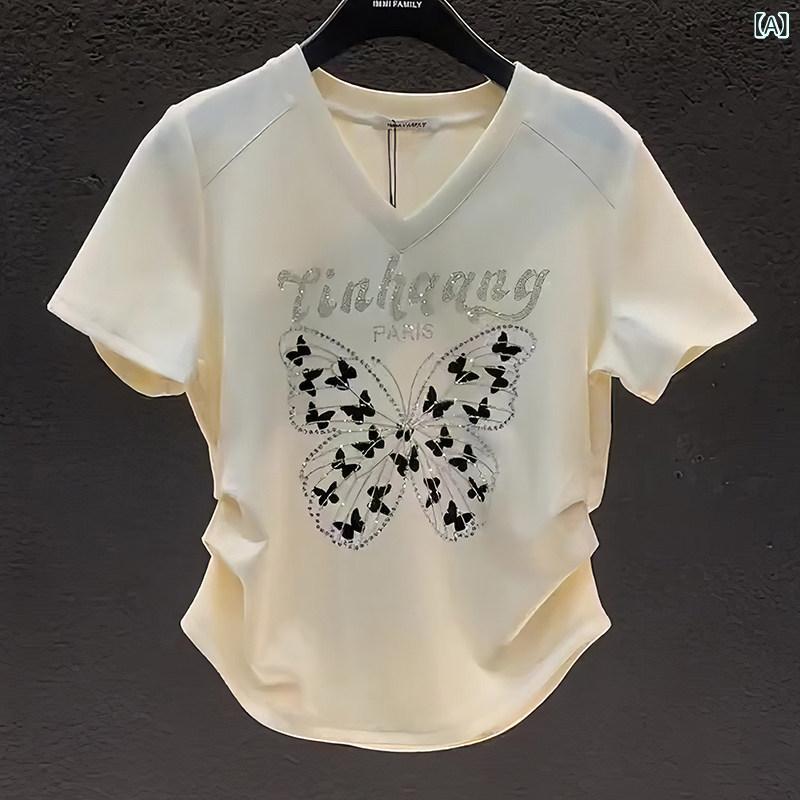 かわいい Tシャツ レディース 2025夏 Vネック 半袖 Tシャツ レディース ラインストーン 文字 蝶 プリント 装飾 ウエスタンスタイル
