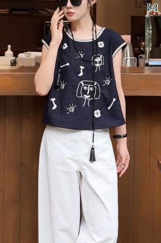 おしゃれなTシャツ レディース ファッション 個性 刺繍 ラウンドネック Tシャツ 女性 夏 ゆったり カジュアル トップ