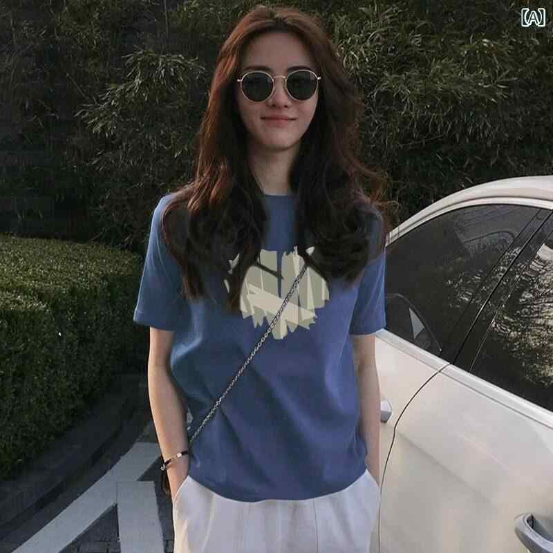 かわいい Tシャツ レディース ブルー ストレート ショルダー 半袖 Tシャツ レディース 2025 夏 韓国 コットン ラブ プリント トップス