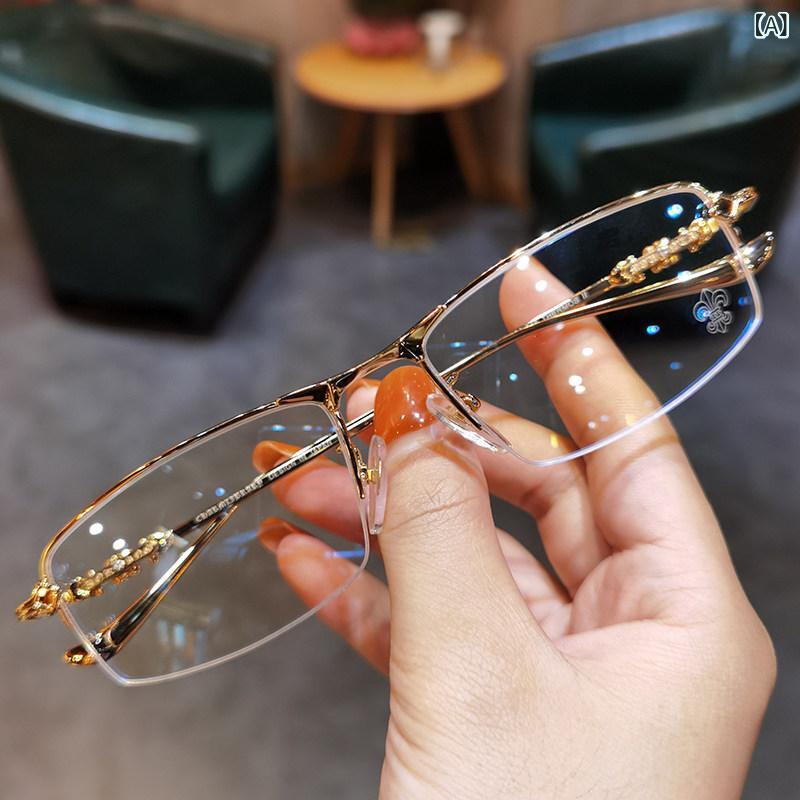眼鏡 PC眼鏡 Jiandan Luoxin メガネ フレーム メンズ ビジネス ハーフ シンプル 韓国 大きい 近視用 レディース ブルー ライト カット
