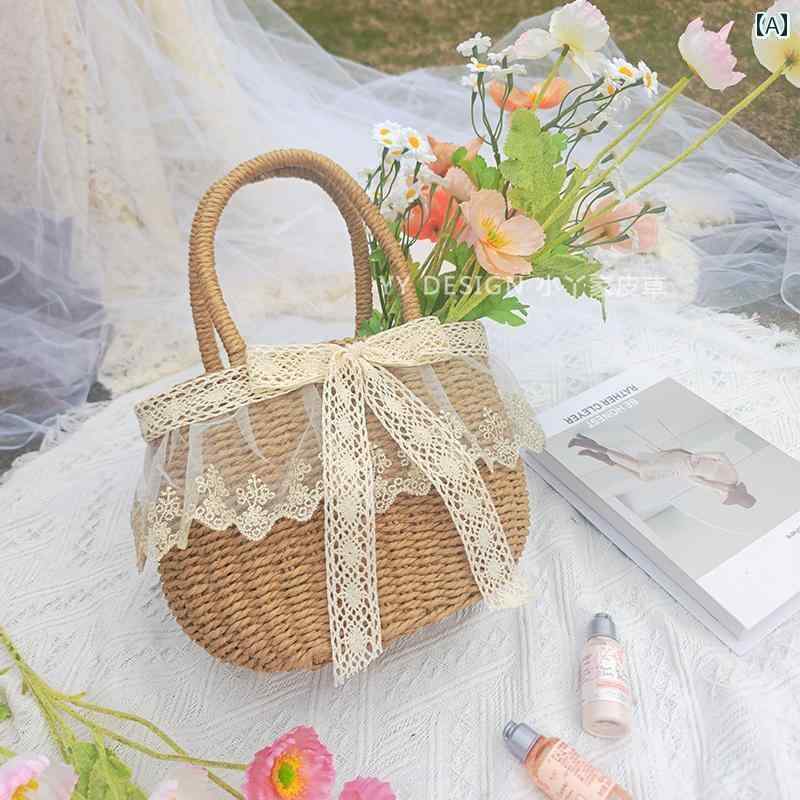 トートバッグ 夏にぴったり レディース 夏のの レース ストロー バッグ 森 ガール 田舎 風 手持ち 野菜 バスケット 女性用 ホリデー 海辺 斜め がけ 小さめ