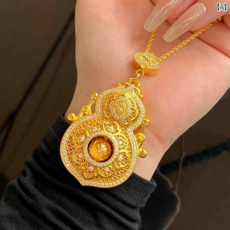 ネックレス レディース ジュエリー 金と 銀の 人生の 四つの 美しさの ひょうたん ペンダント チャイナ風 三元 抱擁 幸福と 幸運の ラインストーンネックレス 彼女用