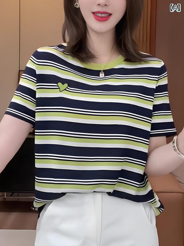 ボーダー ストライプ Tシャツ レディース の ハイエンド 愛の 刺繍の ストライプの レトロ 半袖 トップスの 女性 2025 ファッション 年齢を 減らす 薄手 スタイル クール 5,287円