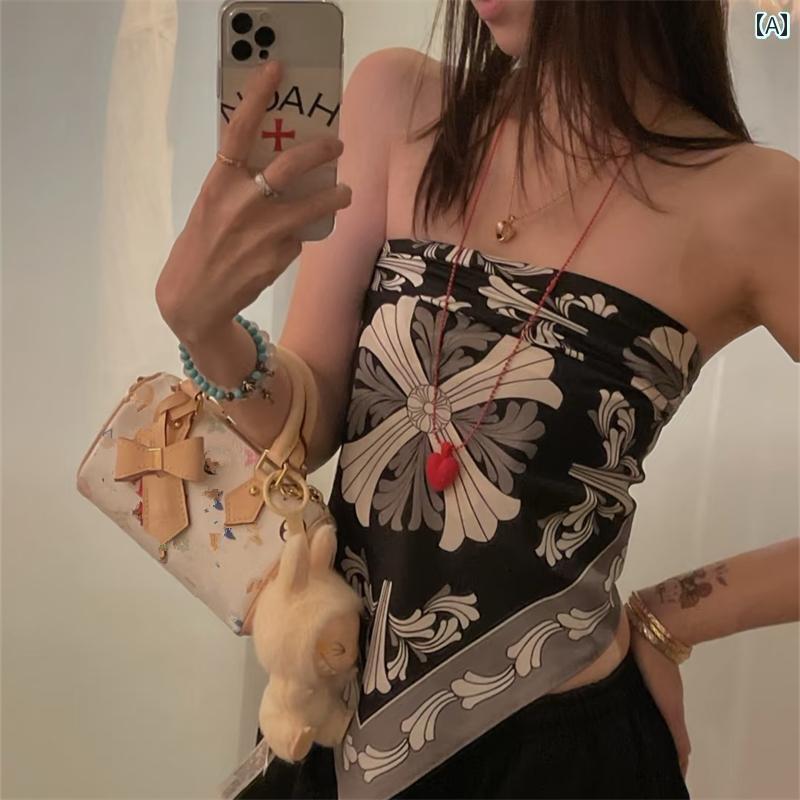バンダナ おしゃれ ヘアアクセサリー クロス フル プリント トーテム シルクスカーフ ヘッド スカーフ レディース 夏 アメリカン レトロ スリミング チューブ トップ ベスト
