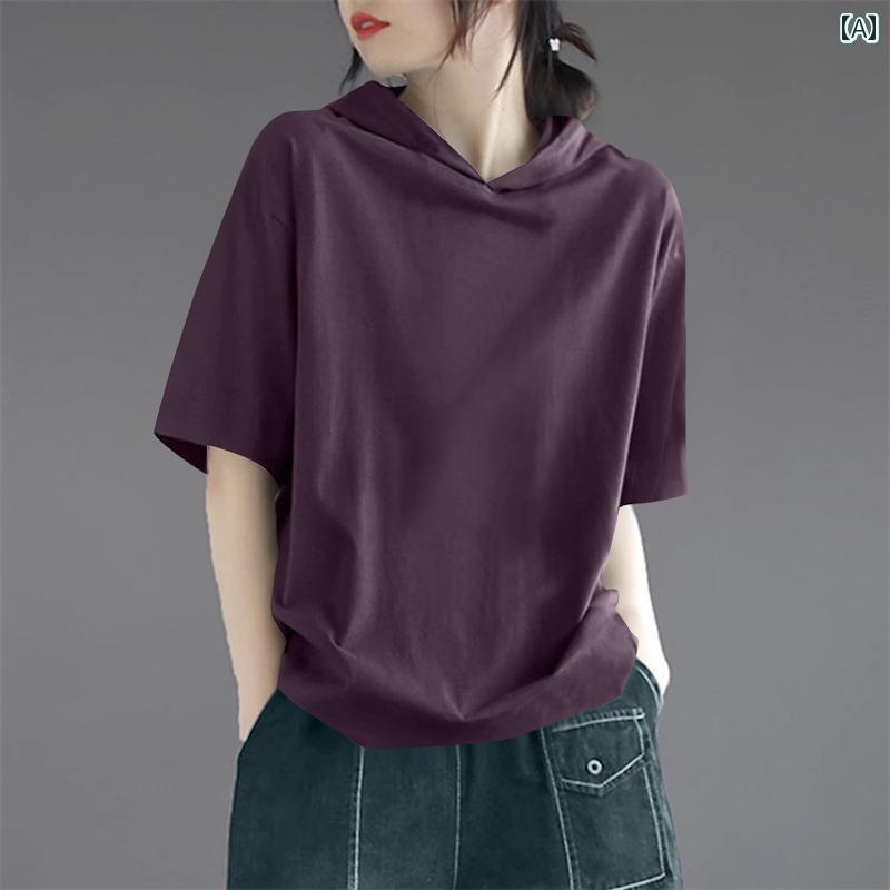 レディースパーカー 薄手 涼しい 2025年 フード付き 半袖 Tシャツ レディース 夏用 ゆったり 大きめ サイズ お腹を カバー して 細く 見える スタイリッシュな パープル 無地 トップス