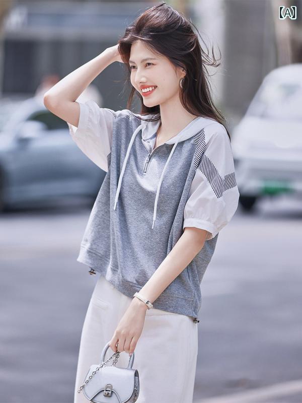 レディースパーカー 薄手 涼しい の シンプル フード付き パッチワーク Tシャツ 半袖 レディース 夏 ファッション ゆったり カジュアル 年齢を 減らす パーカー トップス