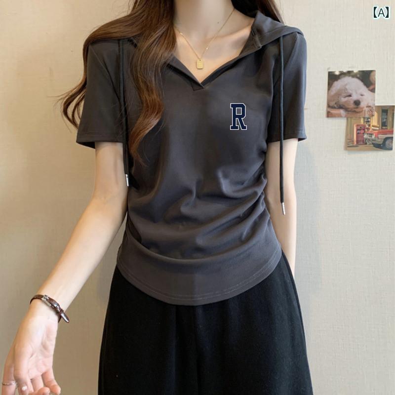 快適 涼しい パーカー レディース フード付き 半袖 Tシャツ 2025 夏 スリムトップスの ゆったり セーター