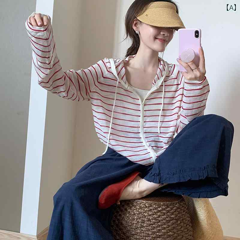 快適 涼しい パーカー の フード付き ストライプ 日焼け防止 服 2025夏の 韓国 薄型 万能 スリムトップス レディース