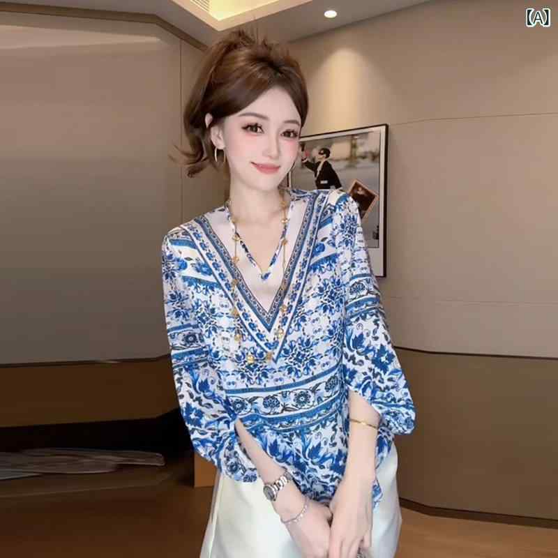 レディース 花柄シャツ かわいい 2025夏 ノーティカル シリーズ フレッシュな エイジングケア ブルー スリミング＆ 体型カバー Vネック ランタン スリーブ 花柄 シャツ トップス レディース
