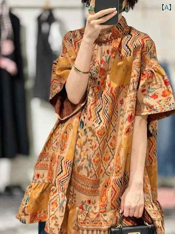 レディース 花柄プルオーバー 愛くるしい 国家的 赤銅色刷り上げる 砂上の楼閣 半袖 プルオーバー 波 遊び心の ある レトロ とっ始め 2025 夏