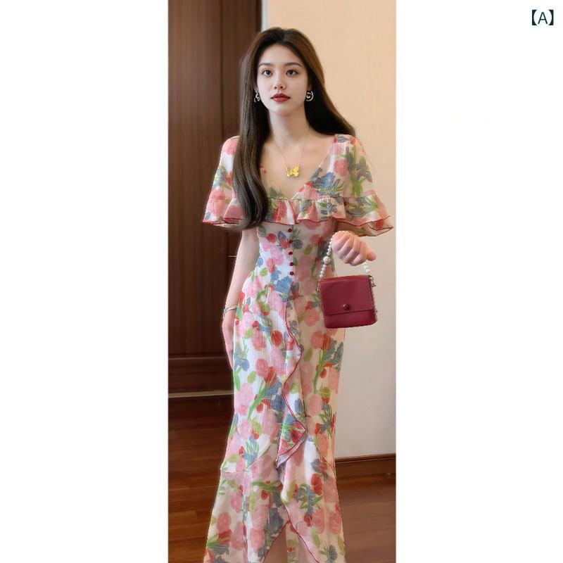 レディース ワンピース ロング丈 フレンチ 美しい ユニークな フリルドレス 優しい スタイル ティーブレイクの 花柄 ヒップ ロング スカート 2025 夏