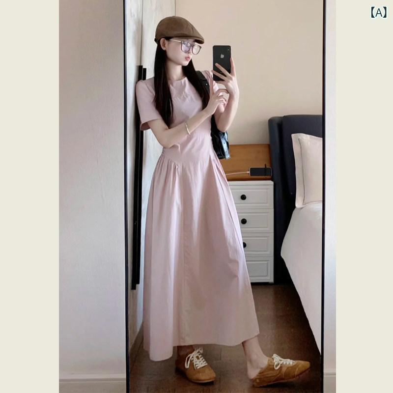 綺麗め 清楚 ワンホン 優しい スイート ピンクの プリーツ 半袖 ドレス 女性用 夏の 海辺の 休日 スタイル ウエスト aライン スリム ロング スカート