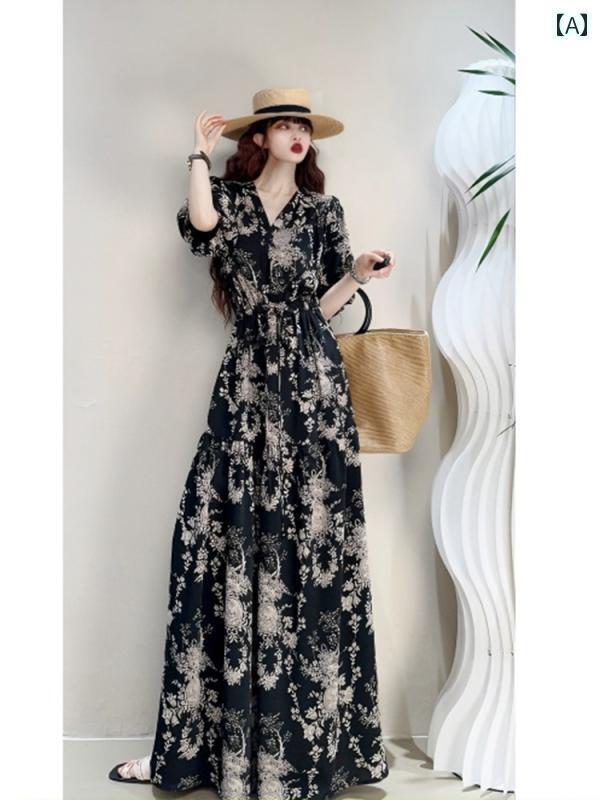 綺麗め 清楚 ワンホン フランスの レトロ Vネック ドレス 女性用 ゆったり 大きいサイズ やや 太めの mm スリム ドローストリング 花柄 ウエストの ロング スカート