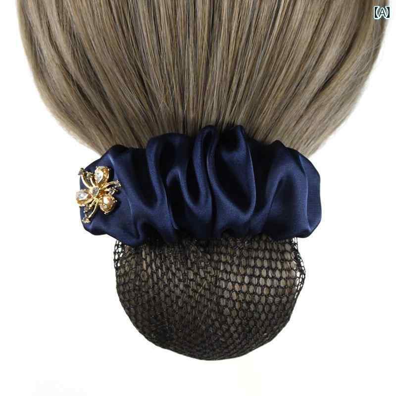 ヘアアクセアリー ヘアバンド レディース ラインストーン フラワー プリーツ アップ ヘア 仕事 シニア プロ レディース ヘッド バンド アクセサリー 客室 乗務 員 ナース ピン 細かい メッシュポケット