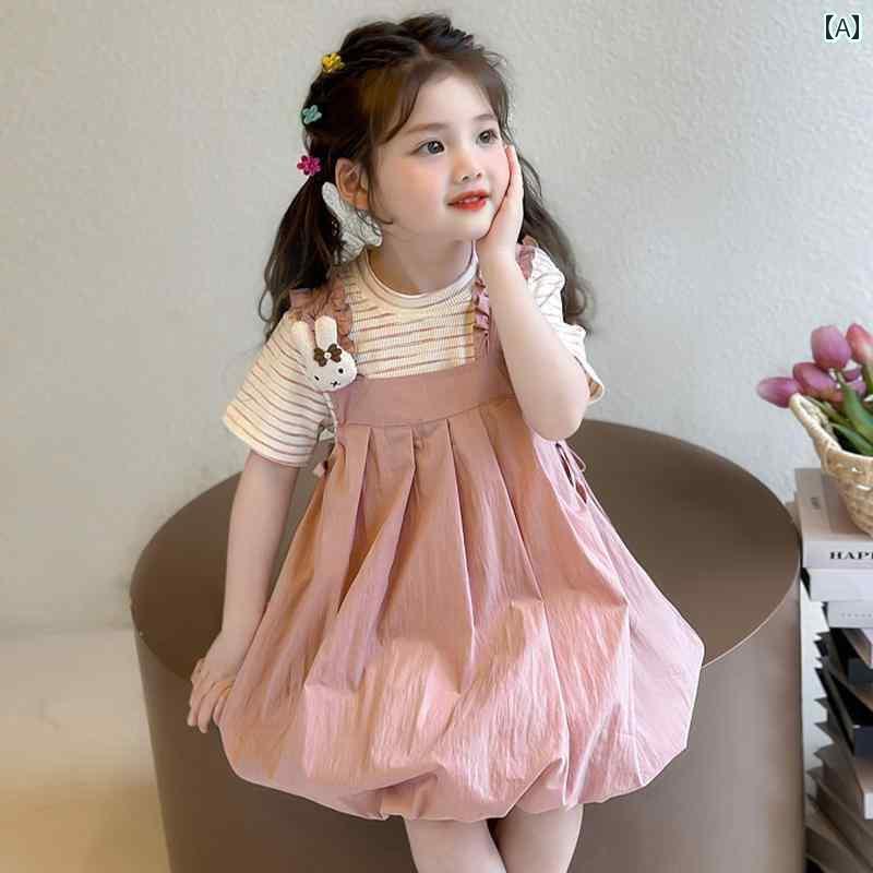 キッズ ドレス 女の子 夏の ドレス スーツ 2025 子供の 夏服 小さい スタイリッシュな 半袖 サスペンダー スカート ツーピース