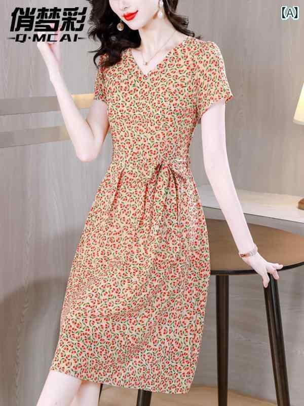 花柄ワンピース 綺麗 ワンホン レディース 美しい 花柄 シフォン ドレス 2025夏 中年 ママ スタイリッシュ プチ