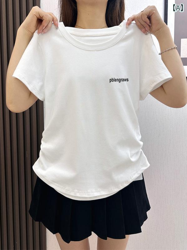 レディース ポイント柄 Tシャツ プリーツ ストレート ショルダー ラウンドネック 半袖 Tシャツ 女性 2025 ウエスト ノースリーブ ホワイト トップス 夏