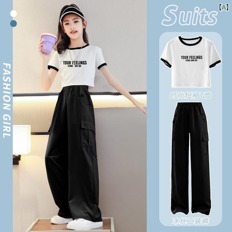 アウトドア スタイル キッズ 女の子 夏 半袖 スーツ 2025 子供用 オーバー オール ビッグ キッズ ネット ストリート ブラック スポーツウェア 服