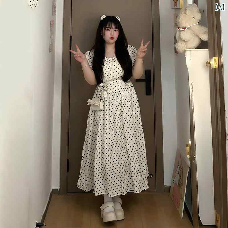 ドット 水玉 ワンピース 大きいサイズ レディース フランスの スクエアネックの ドットの ドレスの 夏は 少し 太めの mmの のの スリミング スカート