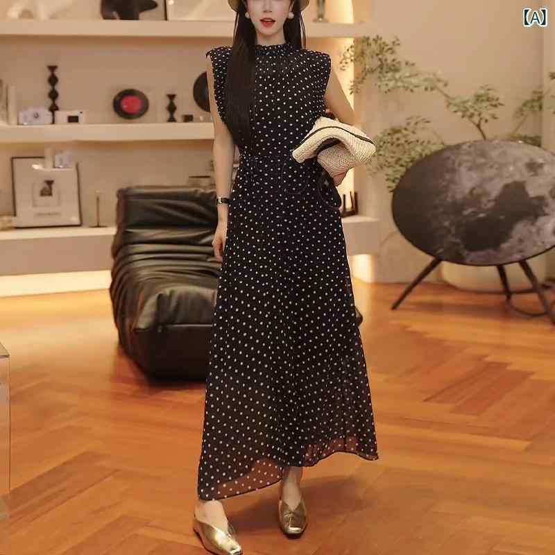 ドット 水玉 ワンピース 女性用 ドット 柄 シフォンワンピース 2025夏 スタンドカラー おしゃれ 年齢を 感じさせにくい ロング スカート 高級 感 精巧