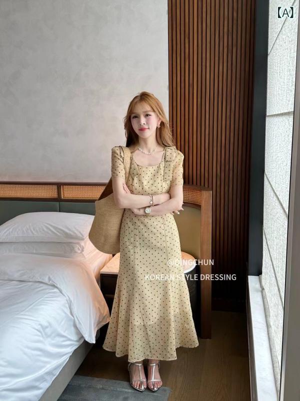 ドット 水玉 ワンピース 8518 風 リトル ブラック ドレス ドット スリムフィット リボン 飾り ロング レディース 夏
