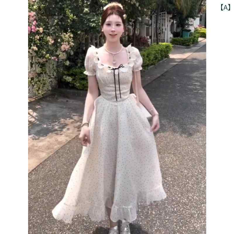 ドット 水玉 ワンピース 夏に 女性用 大きいサイズ フランスの レトロ ドットの ドレス 太めの mm スリム ウエスト 優しい スタイル スクエアネックの ロング スカート 5,164円
