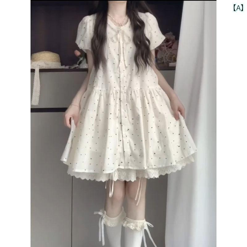 ドット 水玉 ワンピース 韓国 女の子 ドットの な 刺繍の レースの 襟の Vネックの 花柄の リボンの ベビー ドレス ワンピース コットン