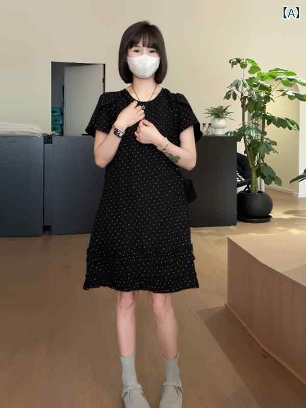 ドット 水玉 ワンピース 夏の 韓国 ファッション 年齢を 減らす ラウンドネック 半袖 耳 縁 水玉 ドレス レディース aライン スカート